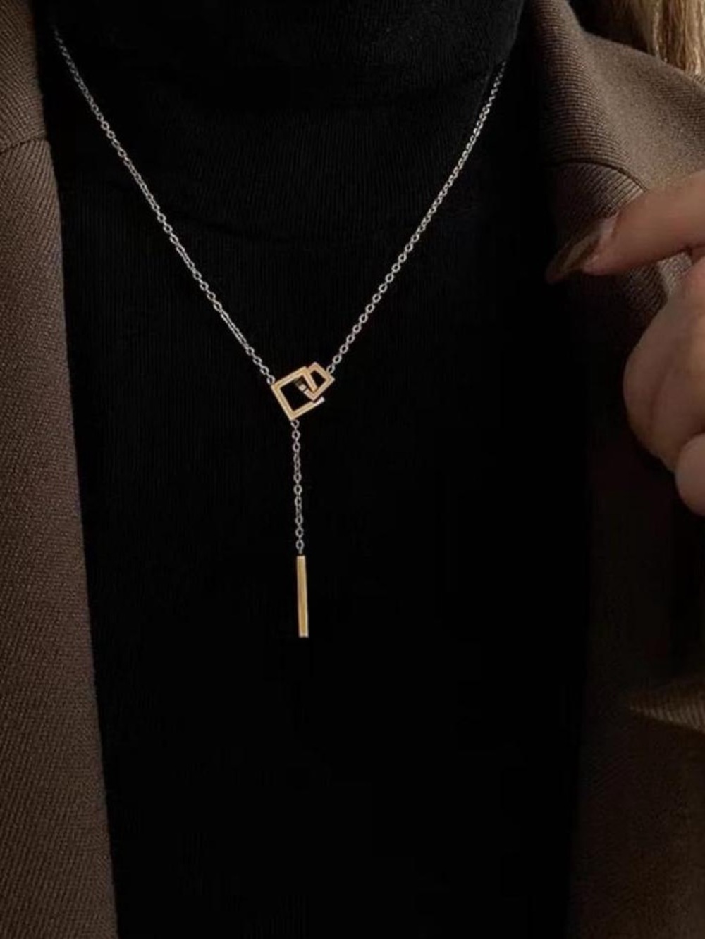 Two-Tone Gold & Silver Geometric Lariat Necklace